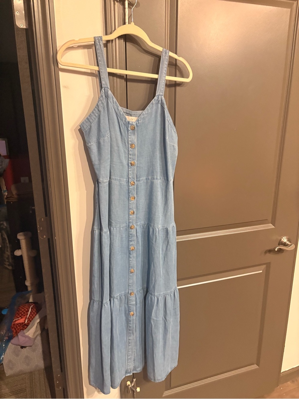 LOFT Light Blue Button-Front Chambray Midi Dress